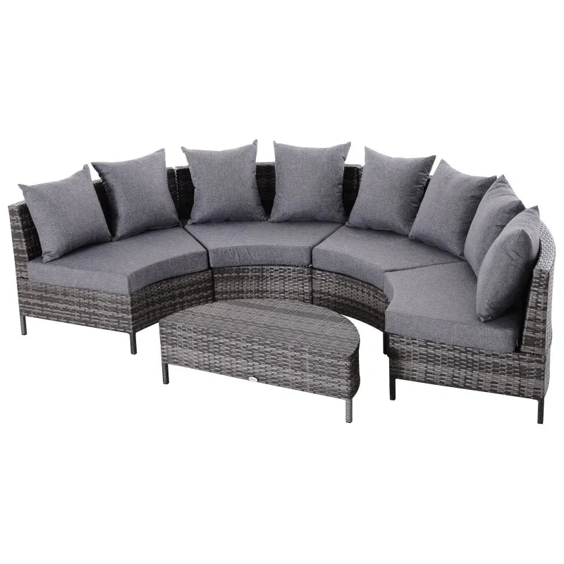 Outsunny 5PC Patio Furniture Set Outdoor Garden Rattan Wicker Sofa Cushioned Half-Moon Seat Deck with Pillow, Table, Grey