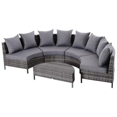 Outsunny 5PC Patio Furniture Set Outdoor Garden Rattan Wicker Sofa Cushioned Half-Moon Seat Deck with Pillow, Table, Grey 
