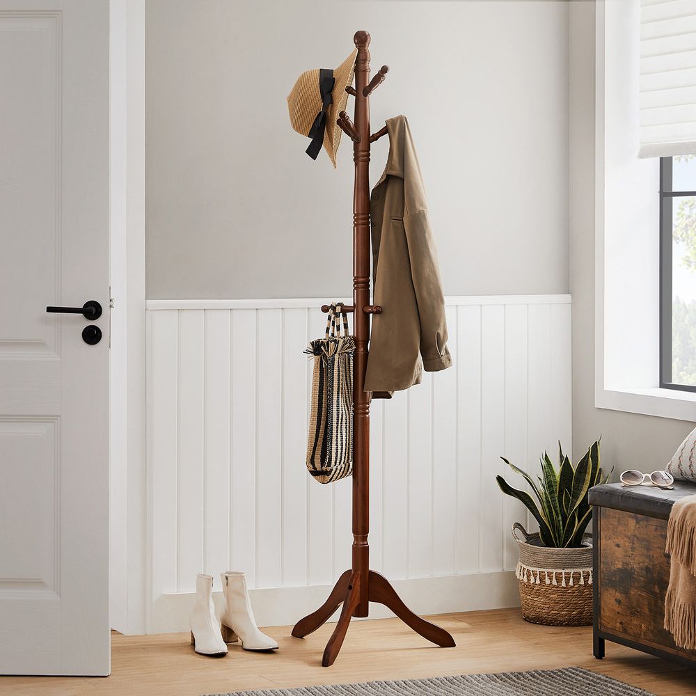 VASAGLE Solid Wood Coat Rack and Stand with 10 Hooks 