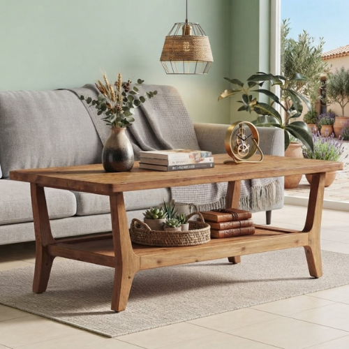 47" Solid Wood Coffee Table with 2-Tier Storage Shelf, Rustic Center Table for Living Room