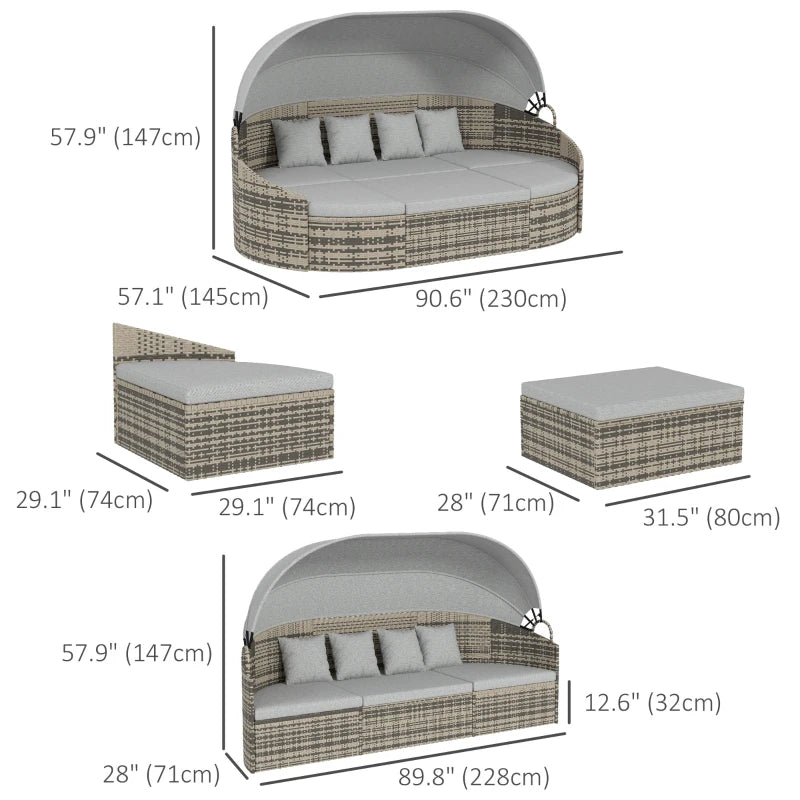 Outsunny 4 Pieces Patio PE Wicker Round Daybed, Outdoor Rattan Garden Lounge Furniture Sets, Light Grey 