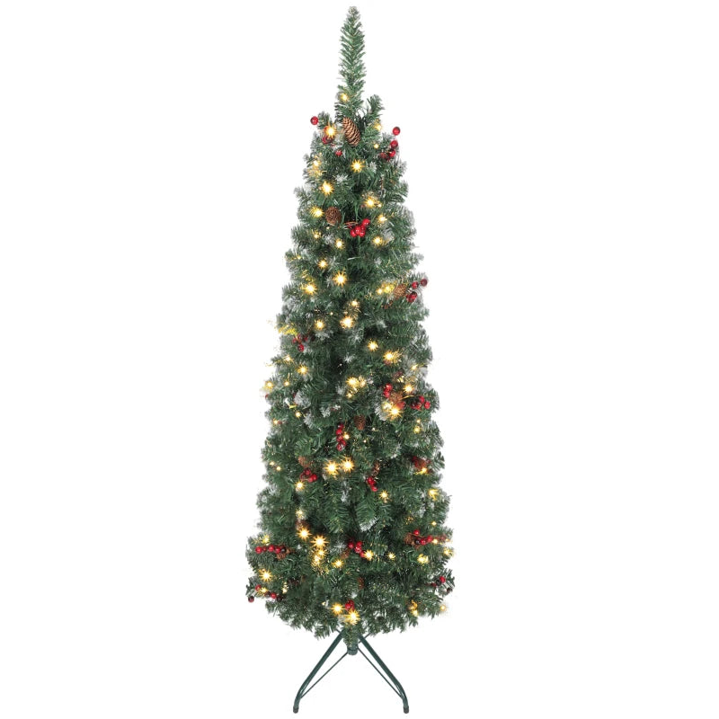 HOMCOM 5FT Prelit Pencil Christmas Tree with LED Lights, Slim Silver Glitter Xmas Tree with Dense Branches & 8 Lighting Modes 