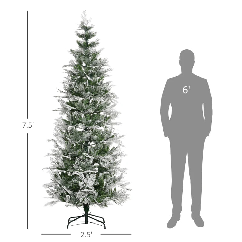 HOMCOM 7.5ft Pencil Snow-Flocked Artificial Christmas Tree – 880 Realistic Cypress Branches, Auto Open, Green 