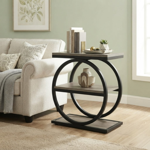 End Table 3-Tier Industrial Sofa Side Table with Round Metal Frame and Storage Shelves for Living Room Bedroom