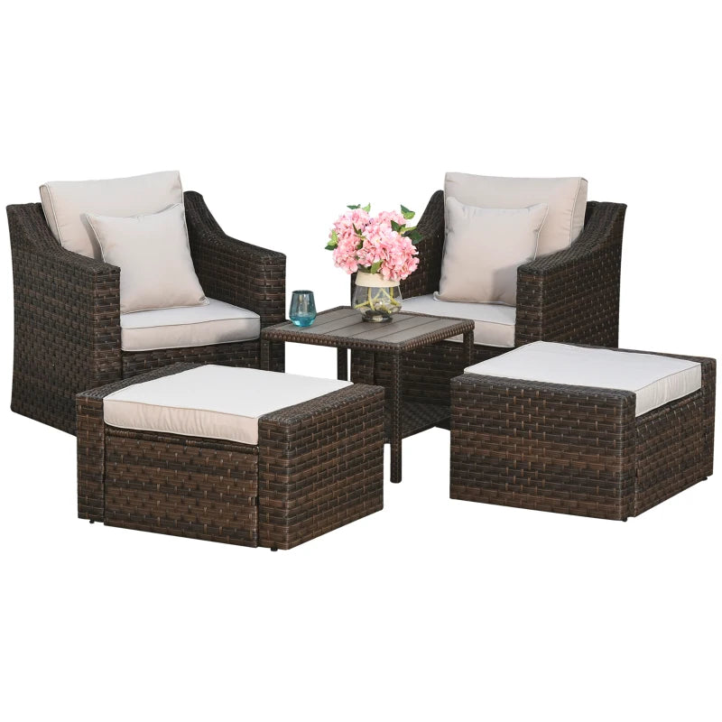 Outsunny 5-Piece Patio Furniture Set Outdoor Rattan Wicker Conversation Set with 2 Cushioned Chairs, 2 Ottomans and Coffee Table, Replacement Cushion Cover Included, Beige 