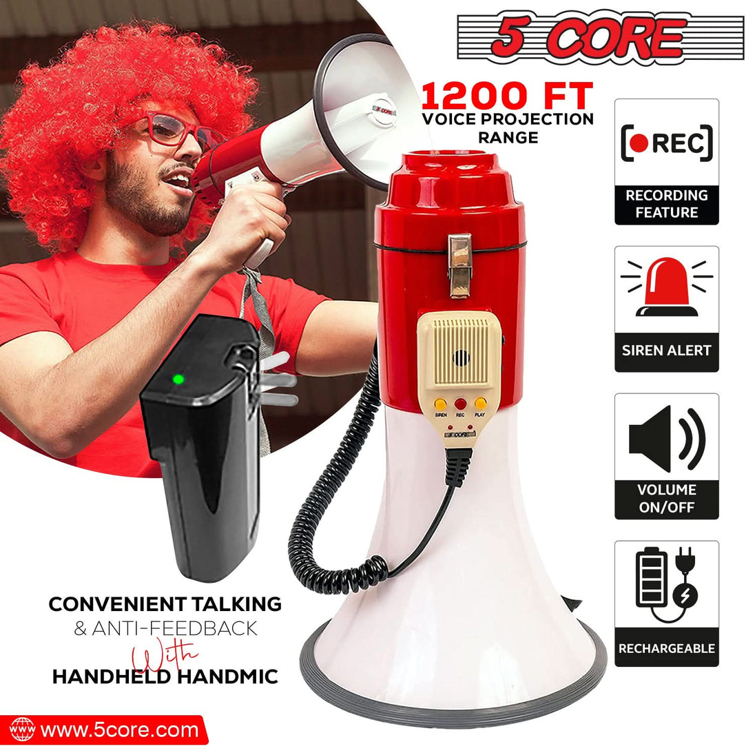 5Core Megaphone Bullhorn Speaker Pro 60W Bull Horn Rechargeable Cheer Megafono