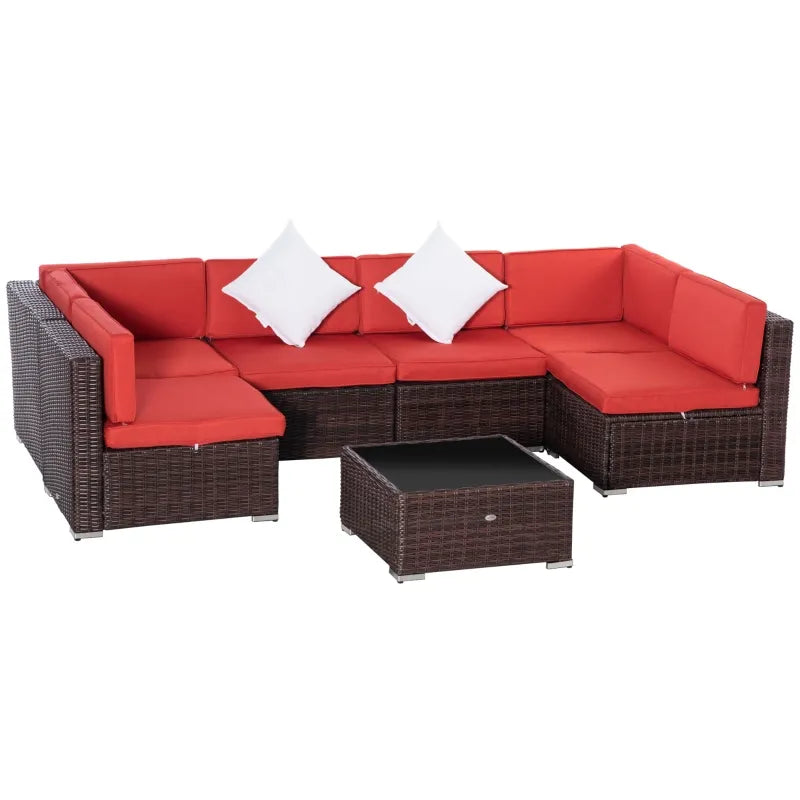 Outsunny 7 Pieces Patio Wicker Sofa Set, Outdoor PE Rattan Sectional Conversation Furniture Set w/ Tempered Glass Coffee Table & Cushion for Garden, Backyard, Red 