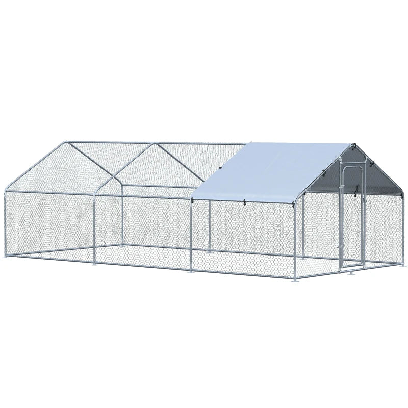 PawHut 9.8' x 19.7' Metal Chicken Coop, Galvanized Walk-in Hen House, Poultry Cage with 1.25" Tube, Waterproof UV-Protection Cover for Rabbits, Ducks 