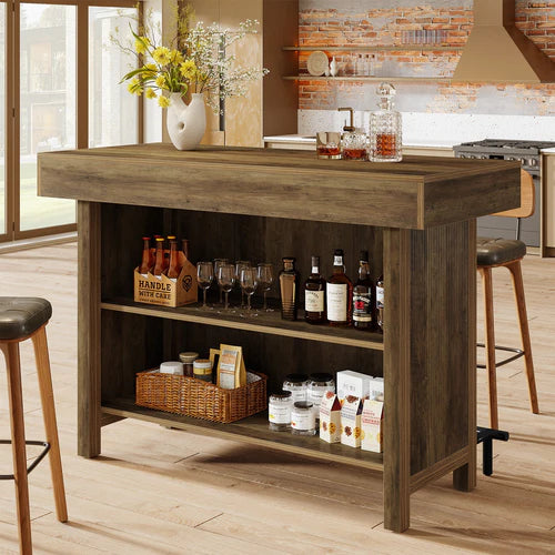 57.48" Industrial Bar Unit Counter Height Bar Table with 2-Tier Storage Shelf and Metal Footrest for Home Bar Dining Rustic Brown