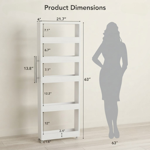 Storage Cart 63" Slim 5-Tier Tall Narrow Mobile Shelf Organizer White