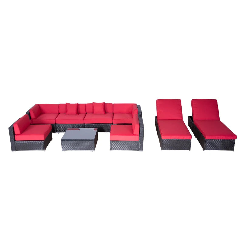 Outsunny 9 Pieces Wicker Patio Furniture Set with Cushion, PE Rattan Outdoor Conversation Set Sectional Sofa Set with 2 Loungers and Glass Tabletop, Aluminum Frame, Coffee & Red