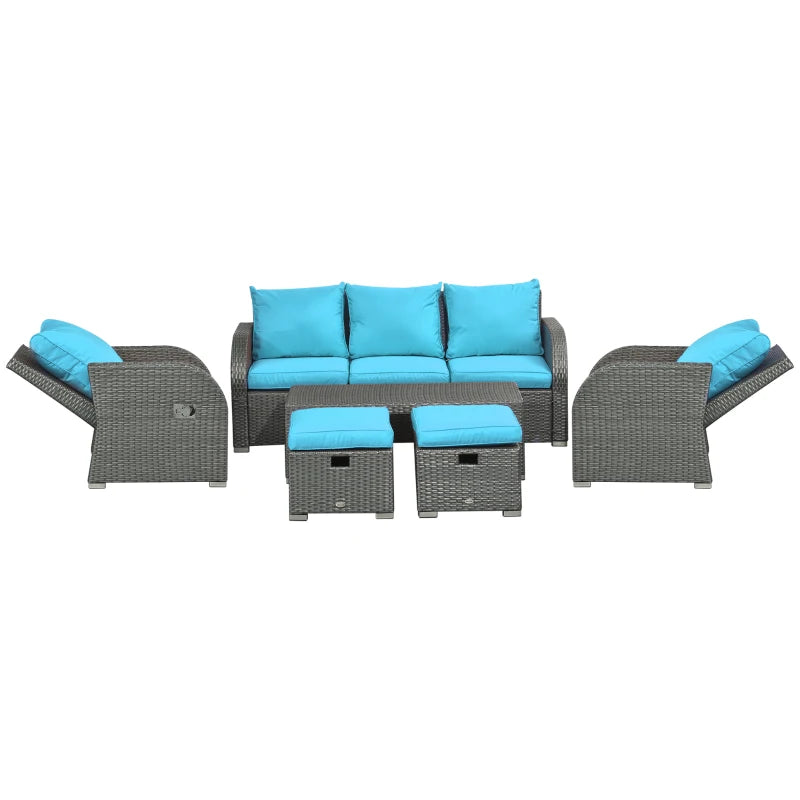 Outsunny 6 Pieces Patio Furniture Set, Conversation Set Wicker Sectional Set Cushioned Outdoor Rattan 3-Seat Sofa, 2 Adjustable Recliners, 2 Footstools & Table Set for Lawn Garden Backyard, Sky Blue