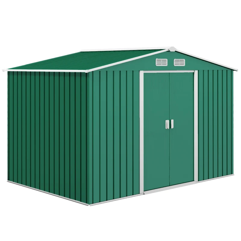 Outsunny 9.1' x 6.4' x 6.3' Garden Storage Shed w/Foundation Kit Outdoor Patio Yard Metal Tool Storage House w/ Double Doors Green