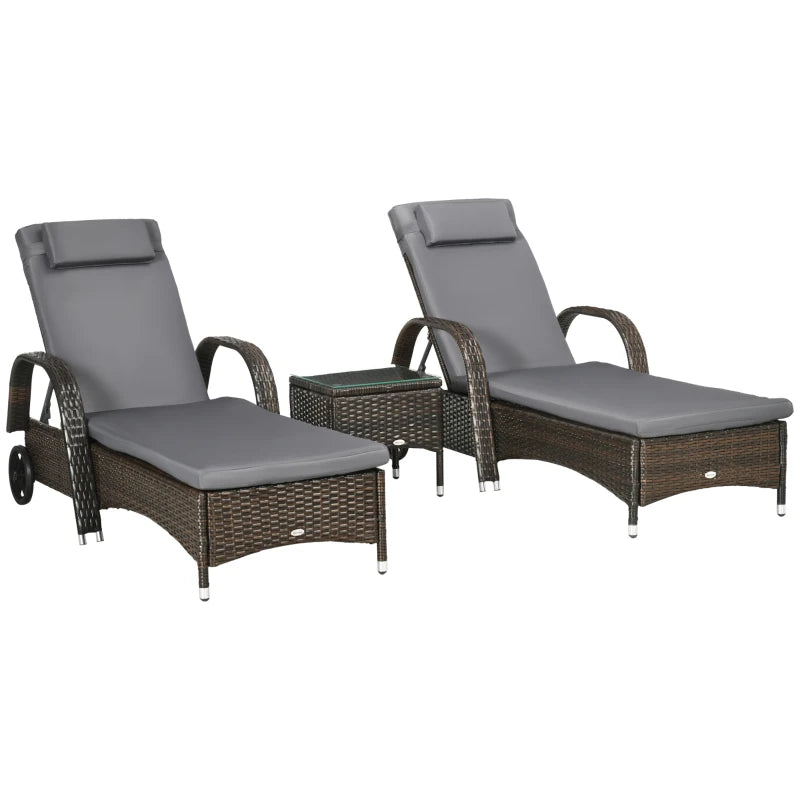 Outsunny 3 Pieces Patio Rattan Lounge Set Wheeled Wicker Chaise Lounge Chair Set Outdoor Reclining Lounger with Padded Cushion and A Side Table with A Tempered Glass Top, Grey 