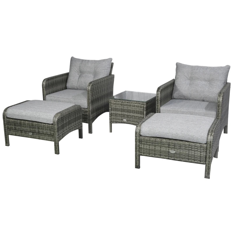 Outsunny 5 Pieces Wicker Patio Furniture Sofa Set Thick Padded Cushions, Outdoor PE Rattan Conversation Coffee Set with Armchairs, Footstools and Glass Top Table, Light Grey