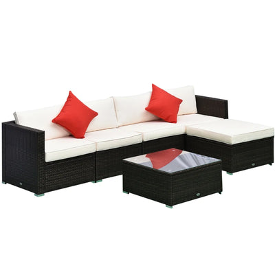 Outsunny 6 Pieces Outdoor PE Rattan Wicker Patio Furniture Sofa Set with Thick Cushions, Deluxe Garden Sectional Couch with Glass Top Table, Dark Coffee and Cream White 