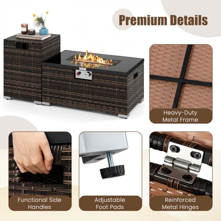 2-Piece Outdoor Rattan Fire Table Set 32 Inch Rectangle Gas Firepit with Tank Cover