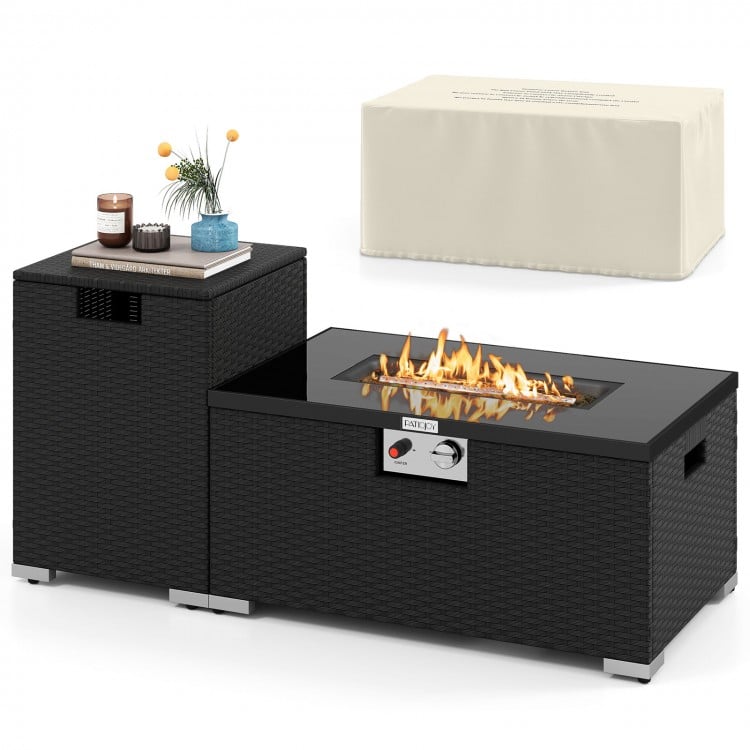 2-Piece Outdoor Rattan Fire Table Set 32 Inch Rectangle Gas Firepit with Tank Cover