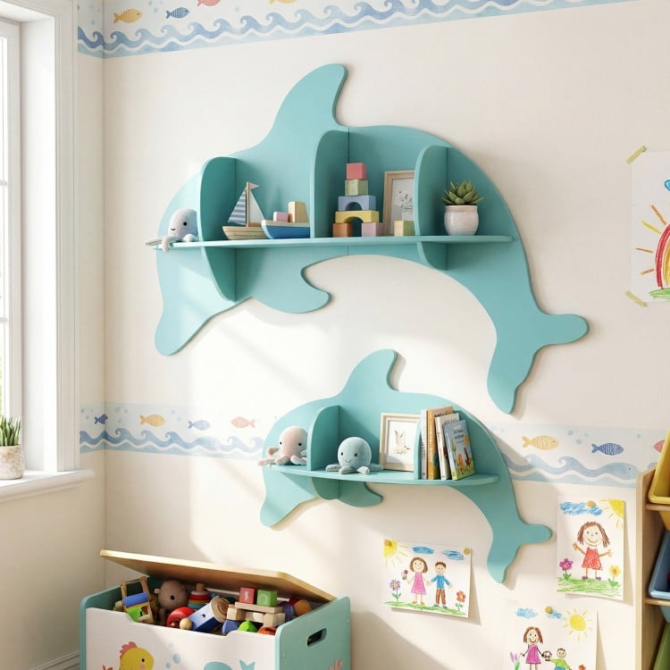 Floating Dolphin Shelves Wall Mounted Storage Display Rack-Blue