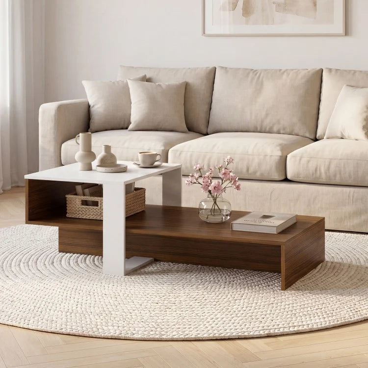 2-Tier Modern Irregular Coffee Table with Open Storage Shelf, Geometric Center Table for Living Room