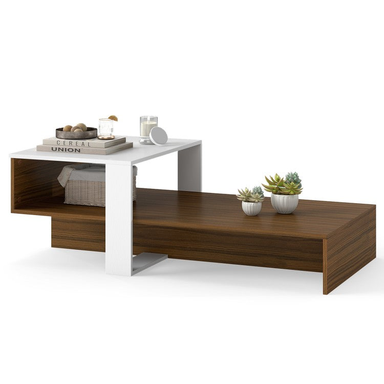 2-Tier Modern Irregular Coffee Table with Open Storage Shelf, Geometric Center Table for Living Room