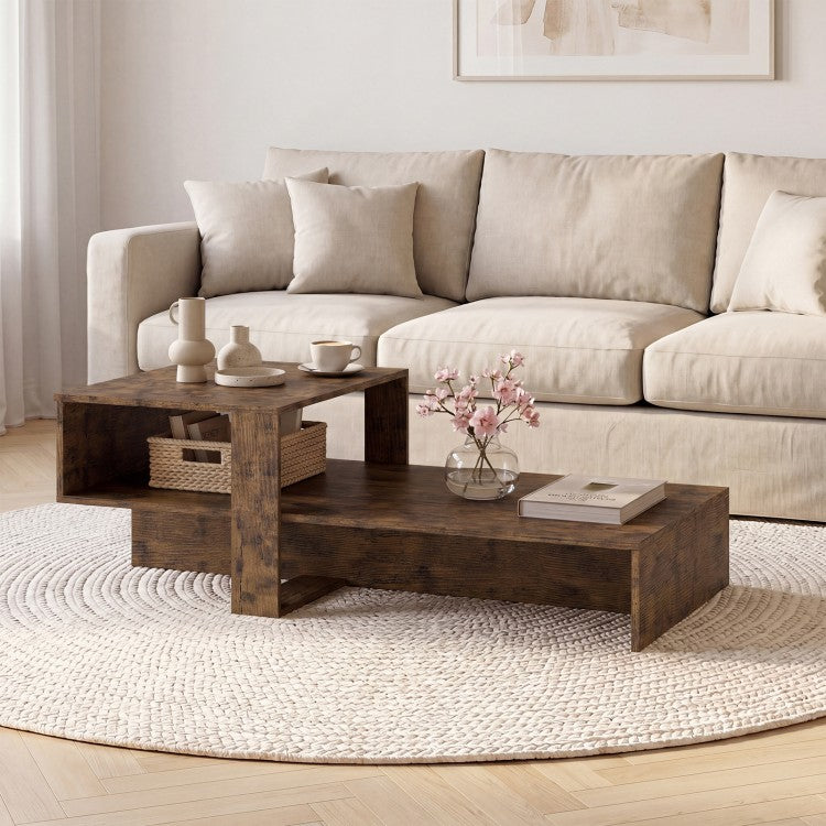 2-Tier Modern Irregular Coffee Table with Open Storage Shelf, Geometric Center Table for Living Room
