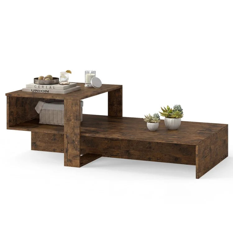 2-Tier Modern Irregular Coffee Table with Open Storage Shelf, Geometric Center Table for Living Room