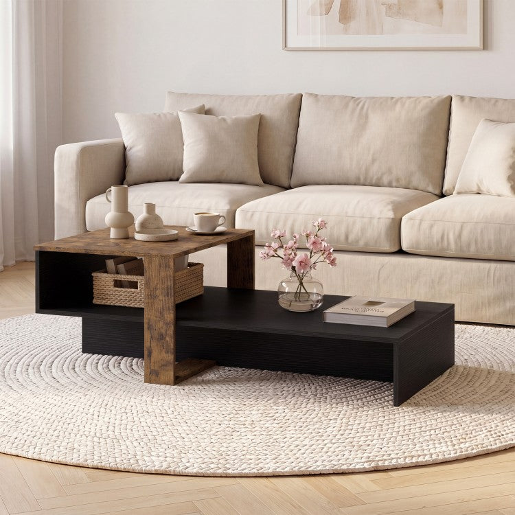 2-Tier Modern Irregular Coffee Table with Open Storage Shelf, Geometric Center Table for Living Room