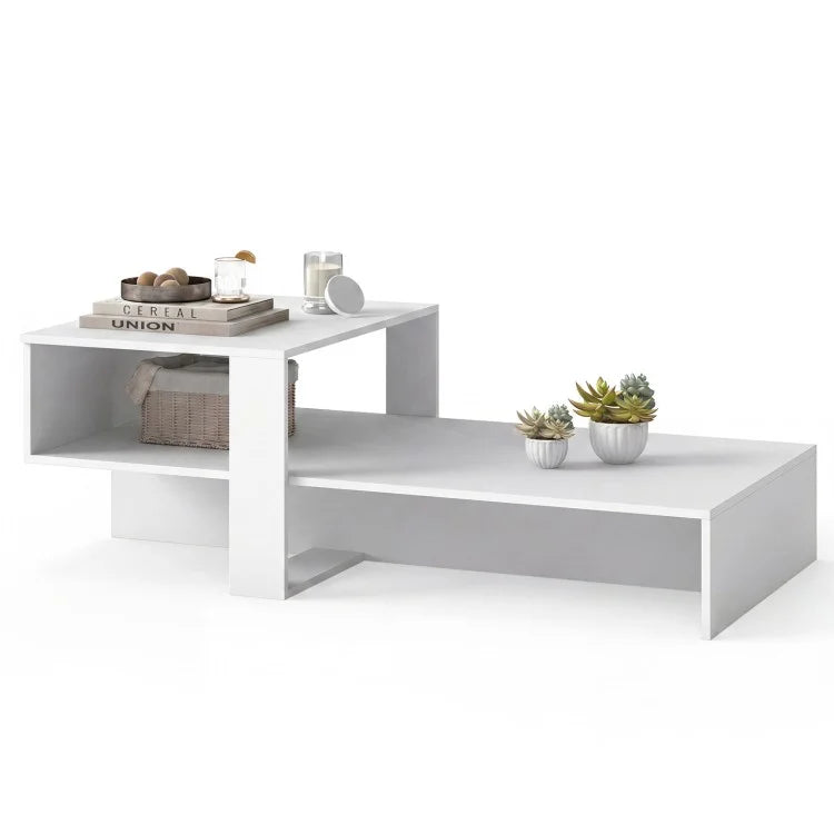2-Tier Modern Irregular Coffee Table with Open Storage Shelf, Geometric Center Table for Living Room