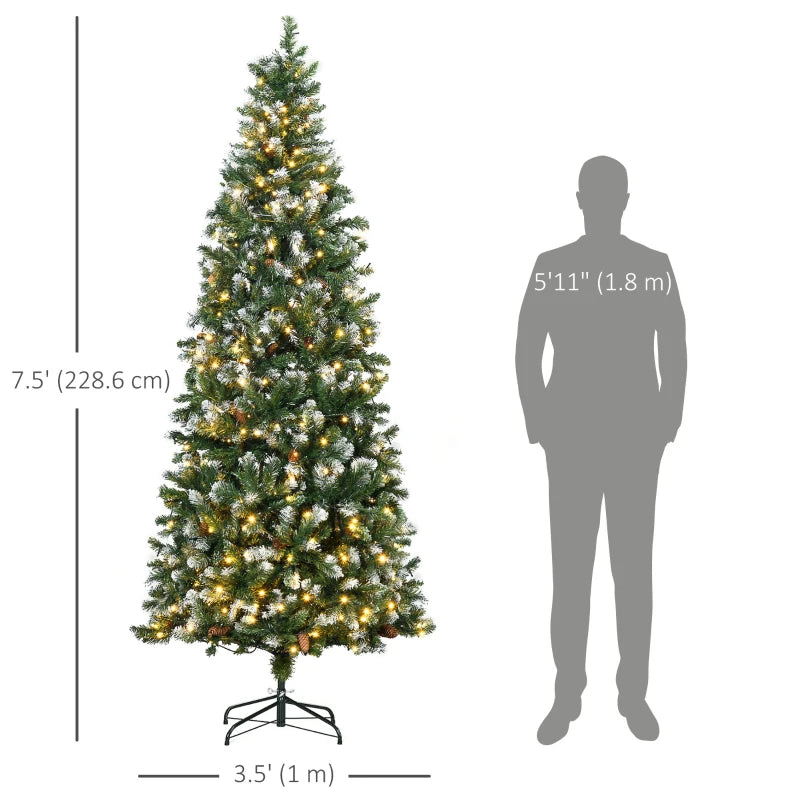 HOMCOM 7.5ft Decorated Skinny Pre-Lit Artificial Christmas Tree – Snow-Dipped Branches with Pinecones, Auto Open Design 
