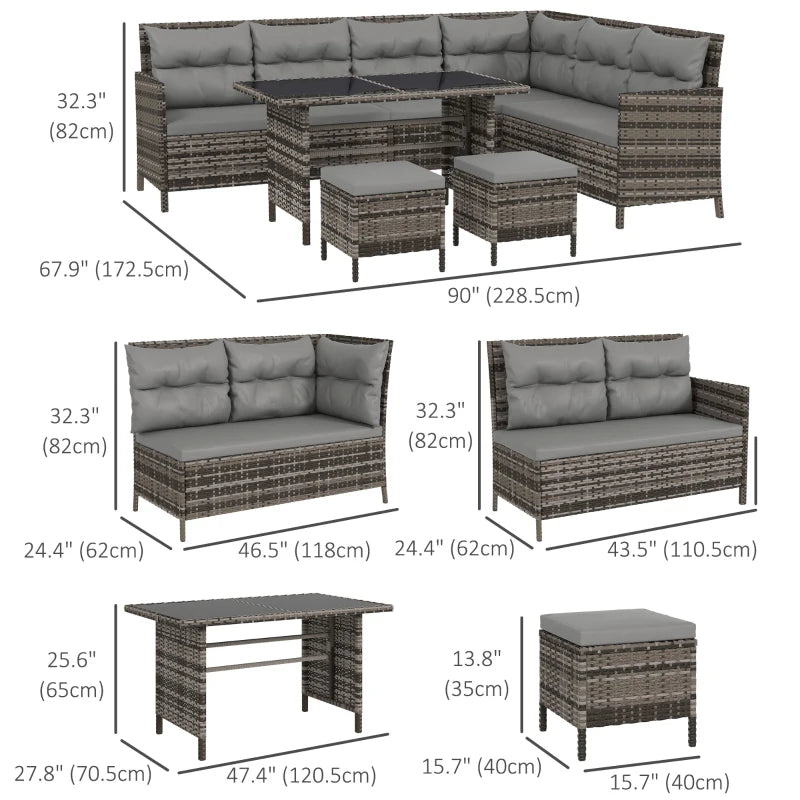 Outsunny 6pcs Outdoor Rattan Sofa Set Garden Wicker Sectional Couch Furniture Set with Dining Table and Chair Grey