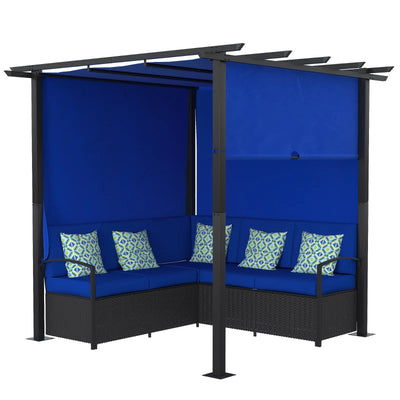 Outsunny Wicker Patio Furniture, Outdoor PE Rattan Sofa Set with Retractable Canopy Pergola, Shade Shelter for Deck, Pool, Garden, Terrace, Blue 