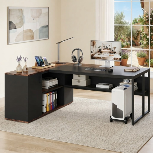 71" L-Shaped Executive Desk with Storage Cabinet, Printer Stand, CPU Holder & Shelves, Large Home Office Desk, Rustic Brown & Black