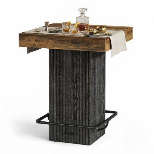 31.5" Square Bar Table Industrial Counter Height Dining Table with Metal Footrest Heavy Duty Pedestal Base Rustic Brown