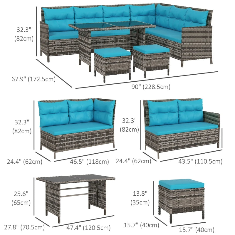 Outsunny 6pcs Outdoor Rattan Sofa Set Garden Wicker Sectional Couch Furniture Set with Dining Table and Chair Sky Blue