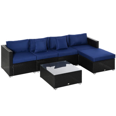Outsunny 6 Pieces Outdoor PE Rattan Wicker Patio Furniture Sofa Set with Thick Cushions, Deluxe Garden Sectional Couch with Glass Top Table, Black and Dark Blue 