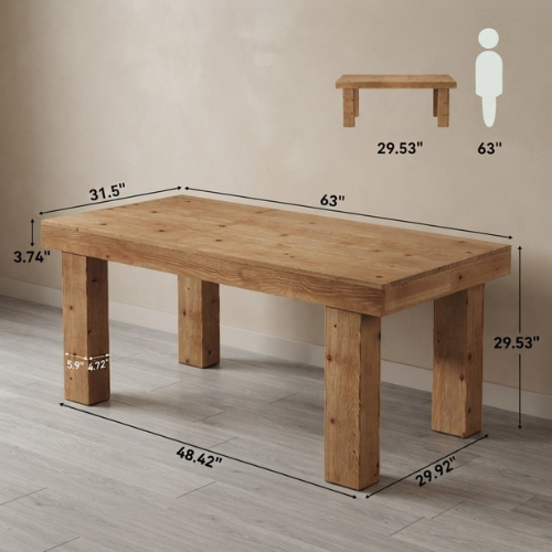63" Solid Wood Executive Desk Heavy Duty Computer Office Desk with Thick 3.74" Tabletop and Sturdy Wooden Legs for Home Office Light Brown