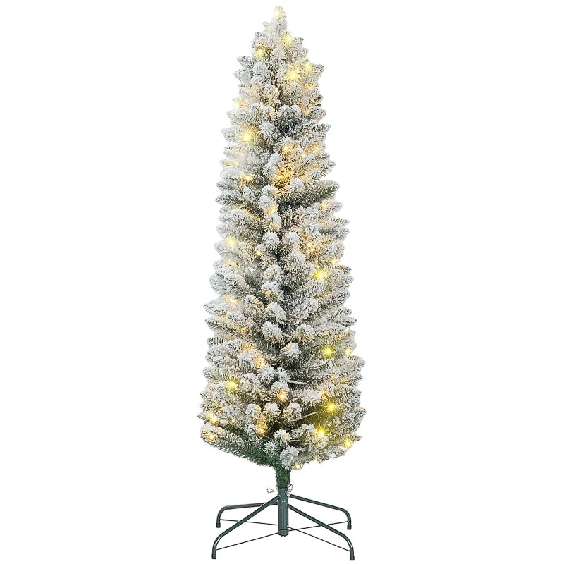 HOMCOM 5FT Prelit Pencil Christmas Tree with Warm White LED Lights, Slim Artificial Snow Flocked Xmas Tree with Metal Base 