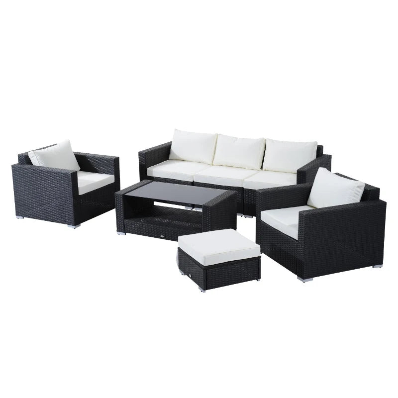 Outsunny 7 Pieces Patio Wicker Furniture Set, Outdoor PE Rattan Sectional Conversation Furniture Sofa with Glass Table and Cushion, Beige