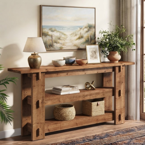 Console Table 63" Solid Wood Farmhouse Sofa Table Behind Couch with 3-Tier Storage Shelves and Heavy Duty Design Rustic Brown