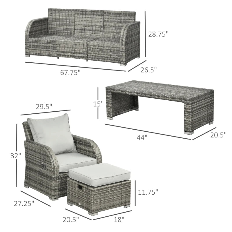 Outsunny 6 Pieces Patio Furniture Set, Conversation Set Wicker Sectional Set Cushioned Outdoor Rattan 3-Seat Sofa, 2 Adjustable Recliners, 2 Footstools & Table Set for Lawn Garden Backyard, Light Grey