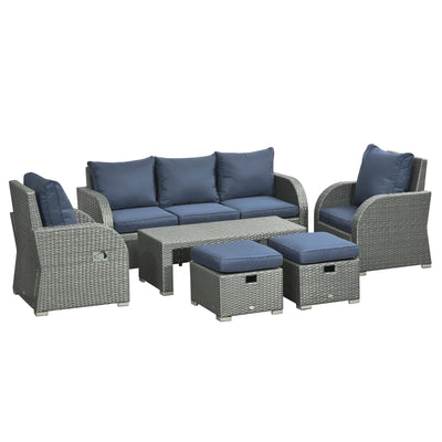 Outsunny Patio Furniture with Cushions, 6 Pieces PE Wicker Patio Sectional Furniture Conversation Set w/ a Three-Seat Sofa, 2 Recliner Chairs, 2 Footstools & Table, Dark Blue 