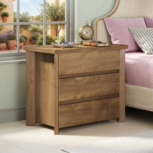 Nightstand 31.5" Farmhouse Bedside Table with 3 Storage Drawers, Engineered Wood, Rustic Brown