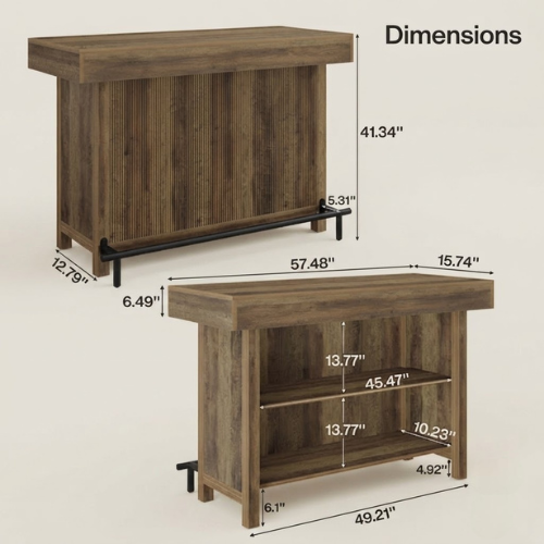 57.48" Industrial Bar Unit Counter Height Bar Table with 2-Tier Storage Shelf and Metal Footrest for Home Bar Dining Rustic Brown