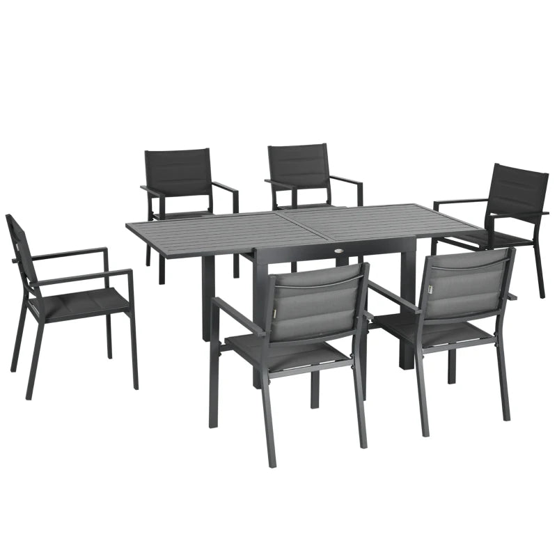 Outsunny 7 Pieces Patio Dining Set for 6, Aluminum Expandable Outdoor Table, Stackable High Back Chair, Mesh Fabric Seats, Dark Gray 