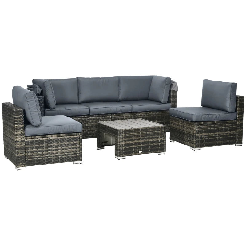 Outsunny 4 Pieces Patio Furniture Set, Rattan Wicker Outdoor Sectional Sofa with Retractable Canopy, Cushions, 3-Seater Sofa for Backyard, Garden, Gray