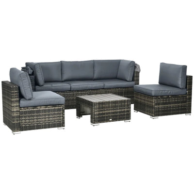 Outsunny 4 Pieces Patio Furniture Set, Rattan Wicker Outdoor Sectional Sofa with Retractable Canopy, Cushions, 3-Seater Sofa for Backyard, Garden, Gray 