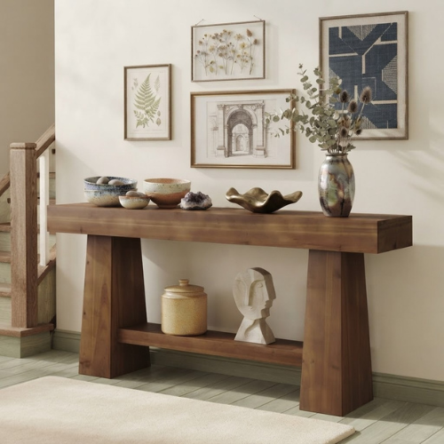 63" Solid Wood Console Table, 2-Tier Farmhouse Entryway Sofa Table with Storage Shelf Rustic Brown