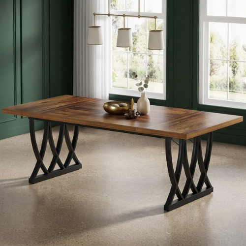70.8" Dining Table, Rectangular Kitchen Table for 6–8 People with Trestle Base, Industrial Wood Dining Table Brown & White