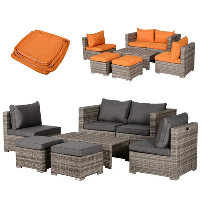 Outsunny 8 Pieces Patio Furniture Set, Outdoor Wicker Rattan Sofa Set Yard Conversation Reclining Seat Tea Table and Footstool Garden Patio Furniture w/ 2 Set Cushion Cover Grey & Orange 